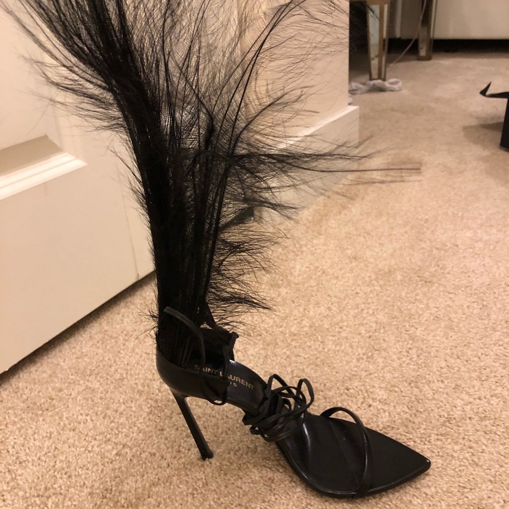 Saint Laurent Black Iris Feather Ankle Strap